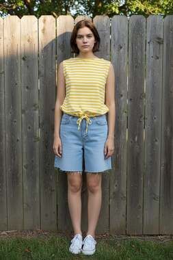 Vintage JCPenney Fashions Yellow and White Striped Sleeveless Boat Neck Top with